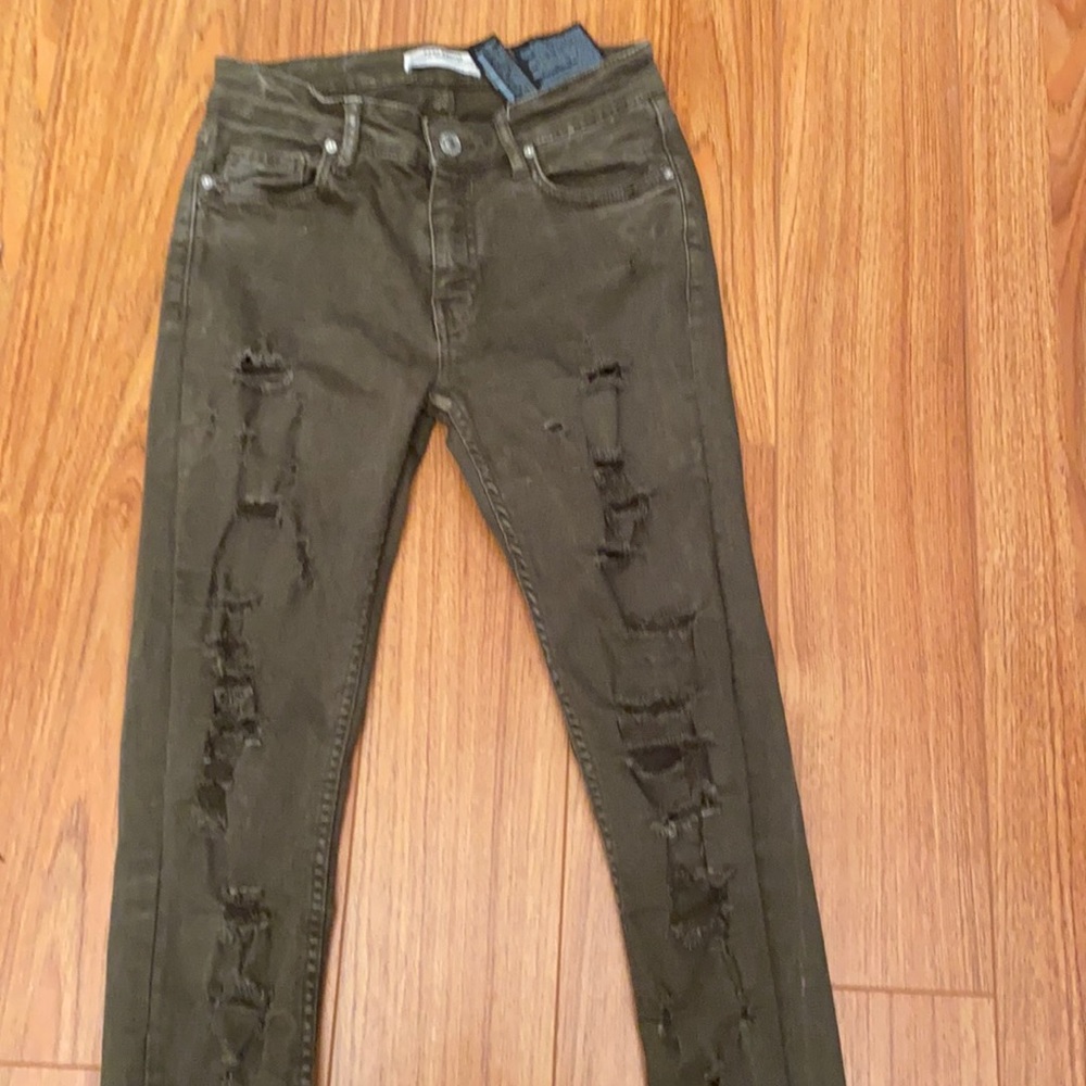 Kaki Olive Green Distressed skinny Zara Jeans